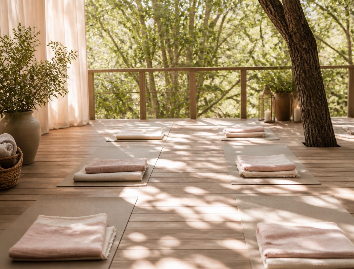 Yoga mats with folded blankets arranged on a sunlit wooden deck